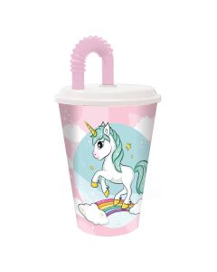 Pahar cu pai si capac, Stor, Unicorn, 430 ml