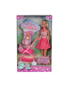 Papusa Steffi Love cu bebe in carucior roz