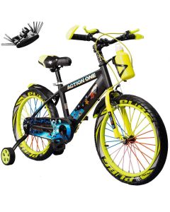 Bicicleta copii cu set de chei inclus, roti ajutatoare si bidon, Action One, Kiddo II, 12 inch, Verde neon